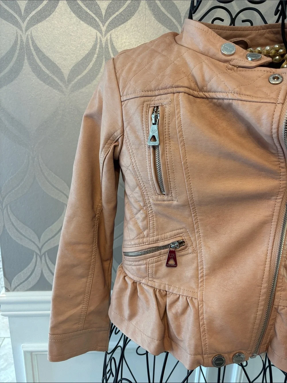 Urban Republic Girls' Tan Ruffle-Hem Faux Leather Jacket